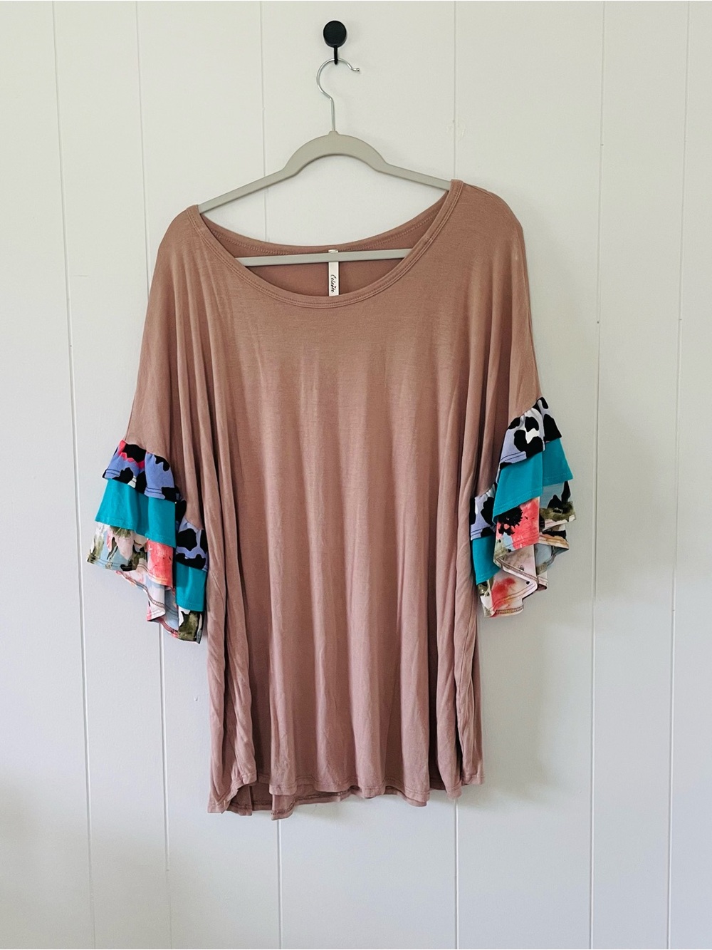 Celeste Taupe Ruffle Sleeve Top with Teal & Multicolor Accents